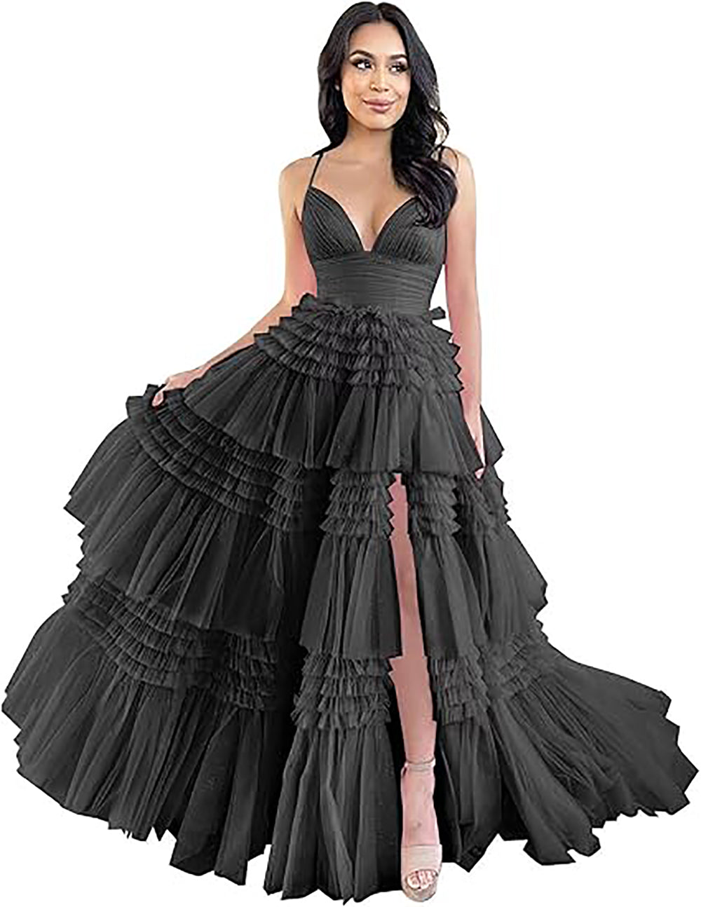 Abito da sera formale in tulle con spalline sottili, balze a strati, gonna ampia, spacco e effetto gonfio