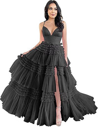 Abito da sera formale in tulle con spalline sottili, balze a strati, gonna ampia, spacco e effetto gonfio