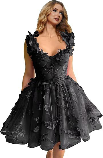 Abito corto da sera in tulle da donna con farfalle 3D, abiti da ritorno a casa con applicazioni in pizzo, abiti da cocktail con spalline sottili