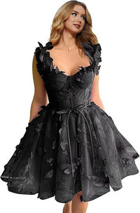 Abito corto da sera in tulle da donna con farfalle 3D, abiti da ritorno a casa con applicazioni in pizzo, abiti da cocktail con spalline sottili
