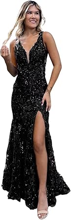 Abiti da sera formali lunghi da ballo con paillettes a sirena per adolescenti, con spacco, scollo a V e pizzo