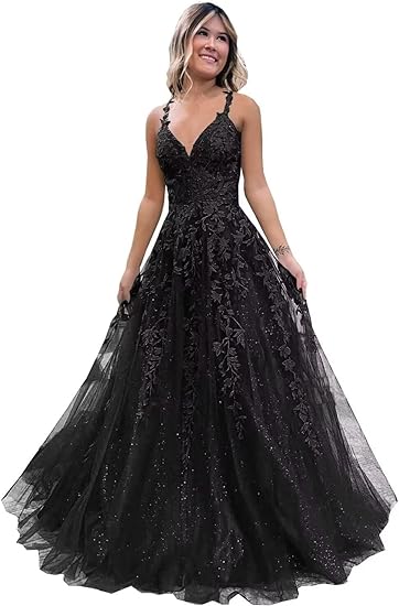 Vestido de Festa Longo em Tule com Aplicações de Renda Brilhante Fivsole, Corte em A Formal para Noite
