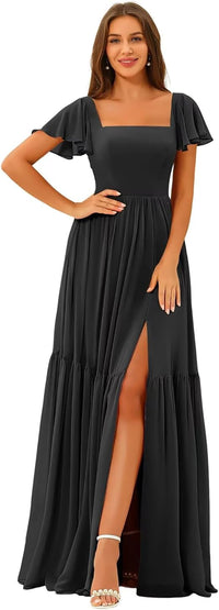 Vestidos de Dama de Honra com Decote em U, Fenda e Mangas de Chiffon com Folhos, Vestidos Formais Longos para Festa com Bolsos