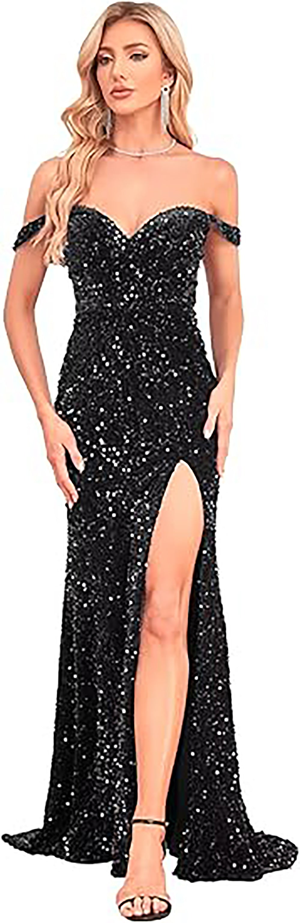 Abito da sera elegante a sirena con spalle scoperte e spacco, con paillettes, per feste formali