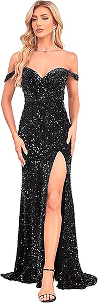 Abito da sera elegante a sirena con spalle scoperte e spacco, con paillettes, per feste formali