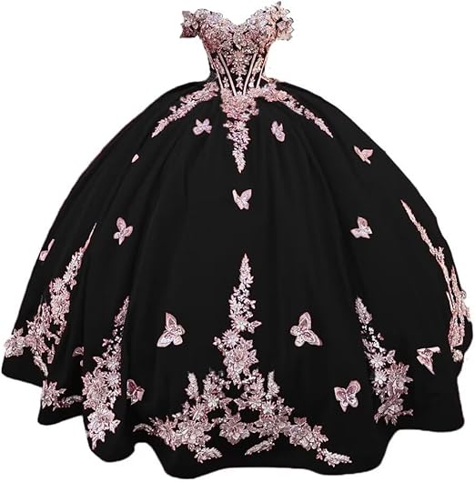Abiti Quinceanera in Velluto 2025 con Farfalle Floreali 3D Dorate Pizzo Spalle Scoperte Abiti da Prom Sweet 16