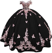 Abiti Quinceanera in Velluto 2025 con Farfalle Floreali 3D Dorate Pizzo Spalle Scoperte Abiti da Prom Sweet 16