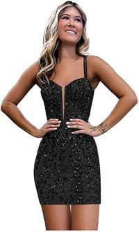 Robe de soirée moulante en dentelle à paillettes pour adolescentes, bretelles spaghetti, col en V, robe de bal courte, mini robe de cocktail