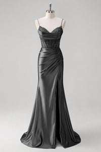 Abito da sera elegante a linea A con pieghe, scollo a cuore, spacco alto sexy Ms2504012