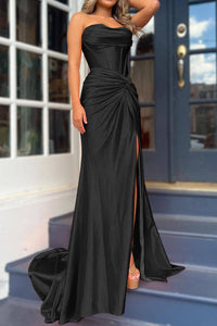 Orange Satin Evening Gown Strapless Corset High Slit Long Prom Dress Ms2509051