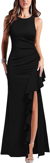 Vestido de Baile Elegante de Sereia Sem Mangas com Fenda Alta e Folhos, Vestido Longo Formal para Noite, Vestido para Convidada de Casamento