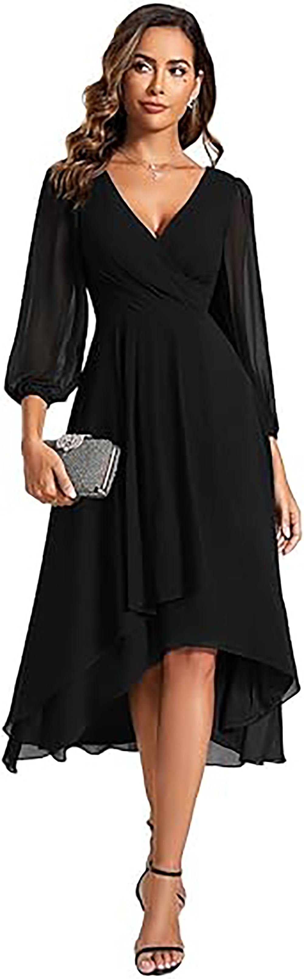 Abito da sera da donna in chiffon con scollo a V, maniche lunghe, abito da damigella, lunghezza midi, abito per invitata a matrimonio