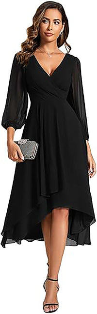 Abito da sera da donna in chiffon con scollo a V, maniche lunghe, abito da damigella, lunghezza midi, abito per invitata a matrimonio