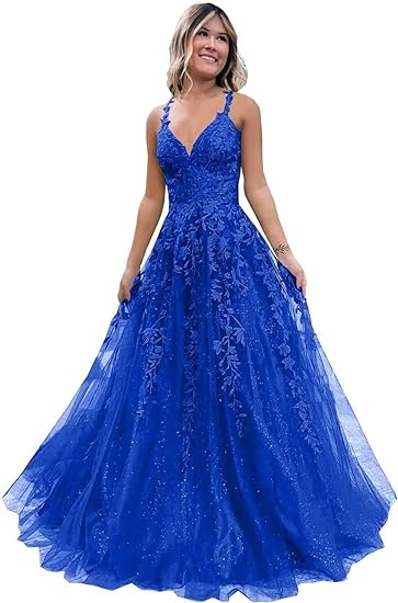Vestido de Festa Longo em Tule com Aplicações de Renda Brilhante Fivsole, Corte em A Formal para Noite