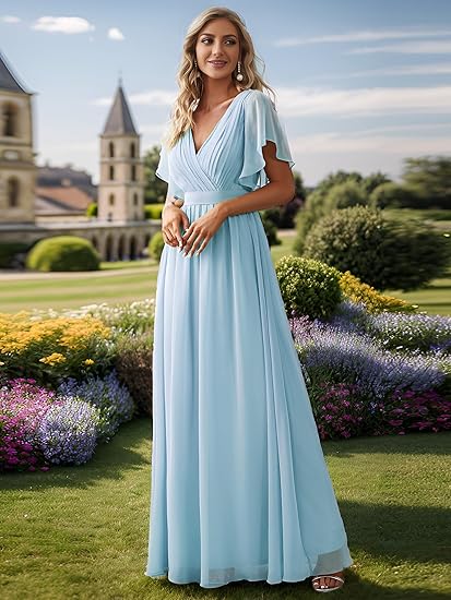 Abito da damigella con scollo a V, maniche a volant, arricciato, da festa, lungo fino al pavimento, in chiffon, abito formale