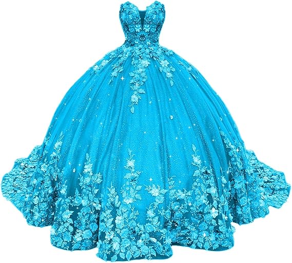 Abiti da Quinceanera con Fiori 3D Scintillanti, Abiti Quince in Tulle Gonfi Senza Spalline, Abiti Sweetheart con Perline e Pizzo, Abiti Sweet 16