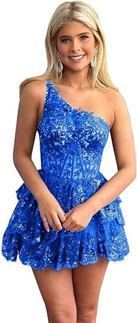 Abiti corti a balze con paillettes scintillanti per il ritorno a casa per adolescenti, abito da cocktail da festa con applicazioni in pizzo a una spalla