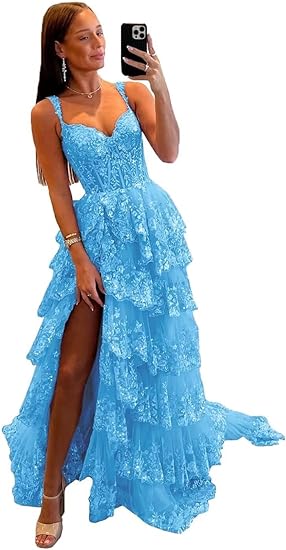 Glitter Tiered Tulle Lace Prom Dresses Long for Teens 2024 Spaghetti Straps Formal Wedding Evening Gowns