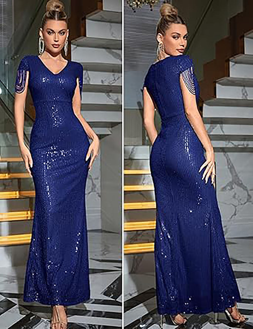 Vestido Formal de Noite para Mulher com Decote em V, Lantejoulas, Contas, Tassel, Manga Curta, Estilo Sereia, Vestido de Baile 2024, Vestido Maxi para Festa