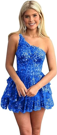 Vestidos de Regresso a Casa de Tule com Um Ombro para Adolescentes Vestido Curto de Baile com Lantejoulas Brilhantes Vestidos de Festa com Folhos em Camadas e Apliques