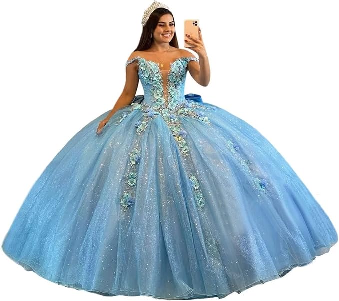 Robe de bal luxueuse en tulle, robe de bal bouffante et scintillante, robe de bal à épaules dénudées, motif floral, 16 ans