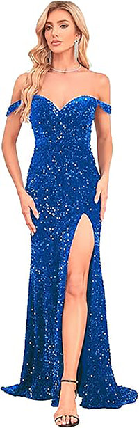Abito da sera elegante a sirena con spalle scoperte e spacco, con paillettes, per feste formali