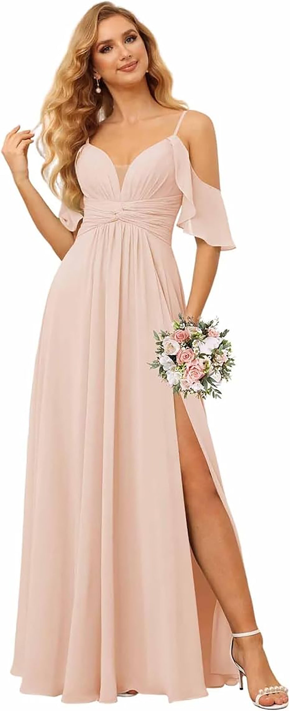 Abito da damigella con spalline sottili, spacco, chiffon plissettato, scollo a barca, linea ad A, abito formale da sera per donna