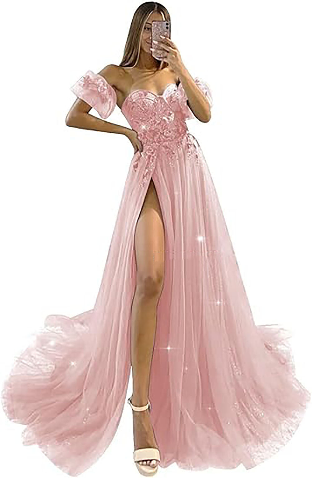 Abiti da sera in tulle glitterato con maniche 2024, scollo a cuore a spalle scoperte, fiori 3D, abiti da festa con spacco
