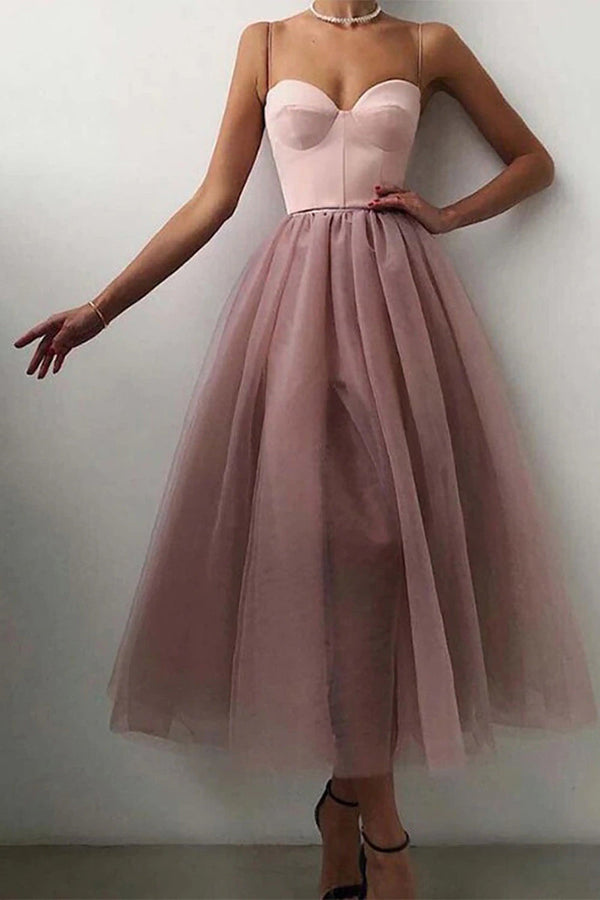 Black Midi Prom Dress Spaghetti Straps Tulle Party Dress Ms2507246