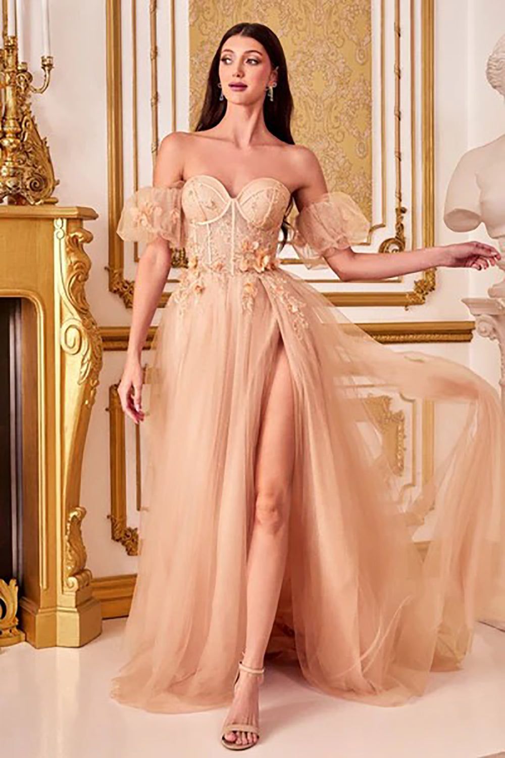 Vestido de Baile Elegante em Tule com Brilhos, Decote Coração, Mangas Bufantes, Fenda Lateral, Vestido Sexy para Festa, Vestido Longo de Noite