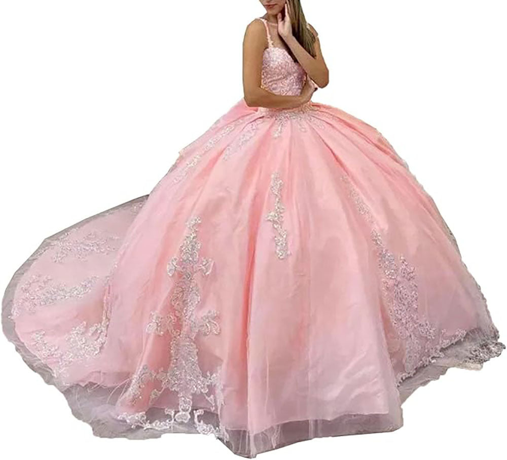 Women's Spaghetti Straps Quinceanera Dresses Ball Gown Sequin Appliques Sweet 16 Prom Gown Princess Party Dress