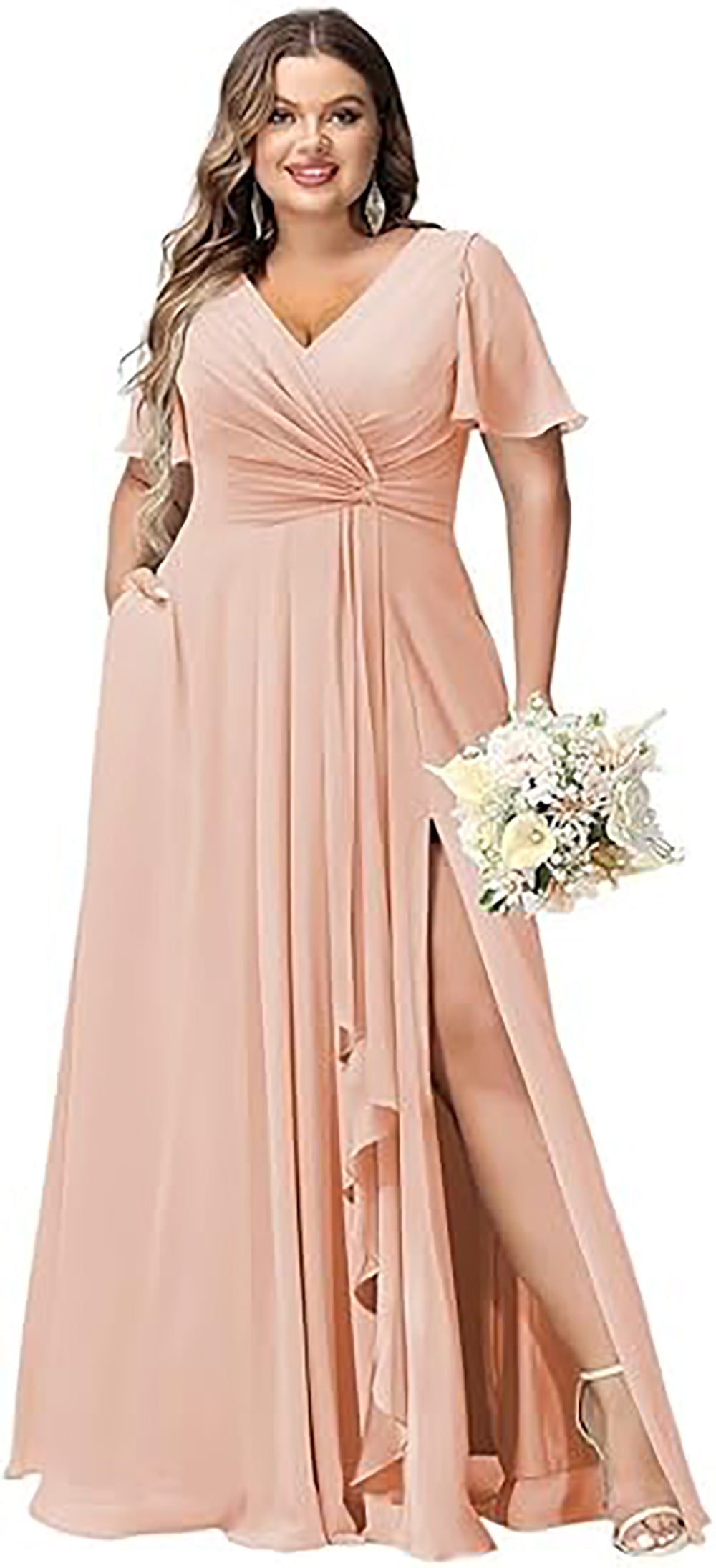 Vestido de Dama de Honra Comprido com Mangas de Folha, Bolsos, Chiffon Franzido, Corte Longo em A, Vestido Formal para Festa com Fenda
