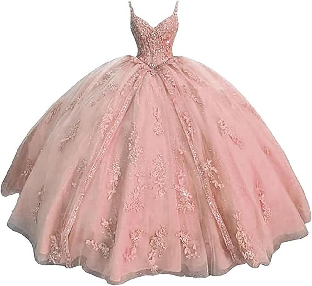 Abiti da ballo Quinceanera da donna con scollo a cuore, spalline sottili, applicazioni in pizzo, abiti Sweet 16 per adolescenti