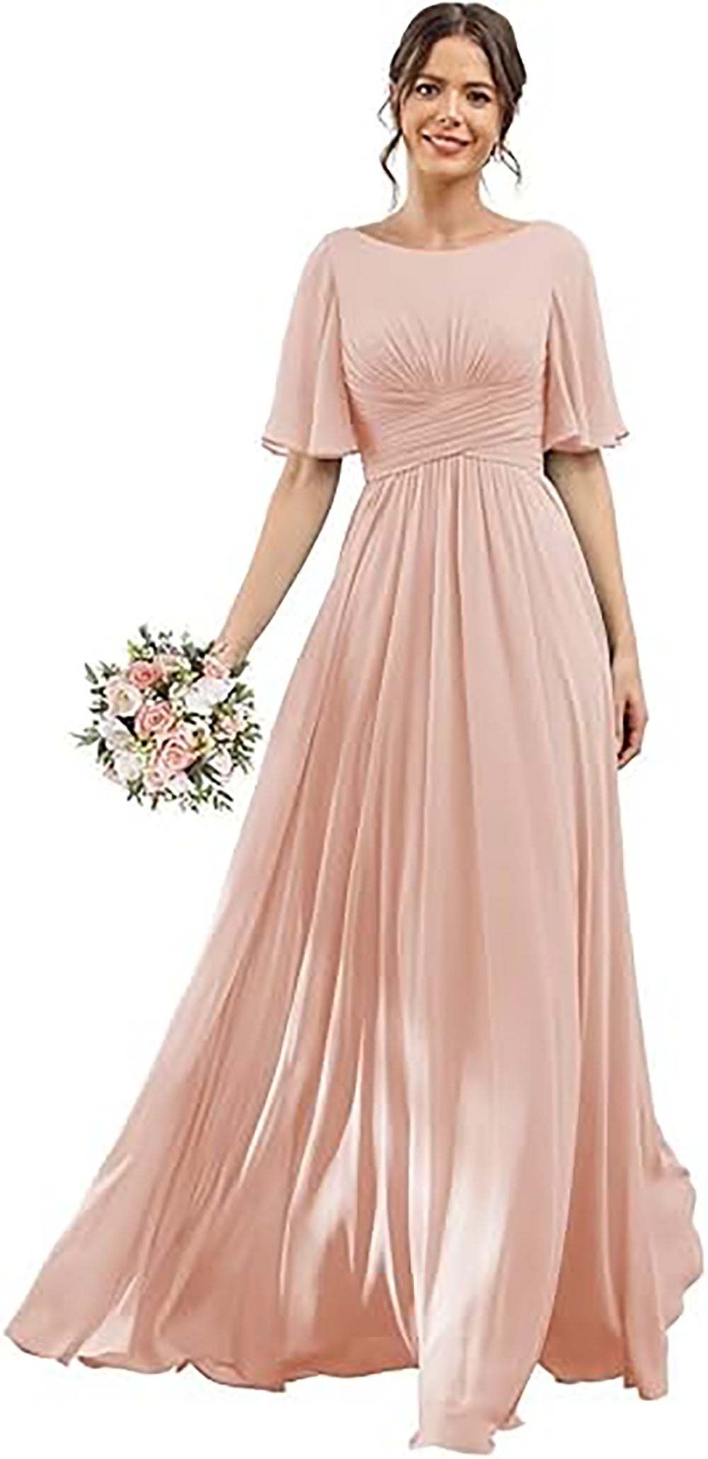 Vestido de Dama de Honra para Mulheres com Mangas de Folha em Chiffon Vestido de Noite para Festa de Casamento