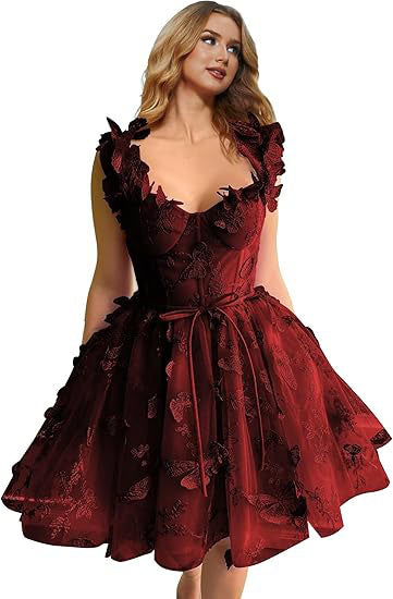 Abito corto da sera in tulle da donna con farfalle 3D, abiti da ritorno a casa con applicazioni in pizzo, abiti da cocktail con spalline sottili