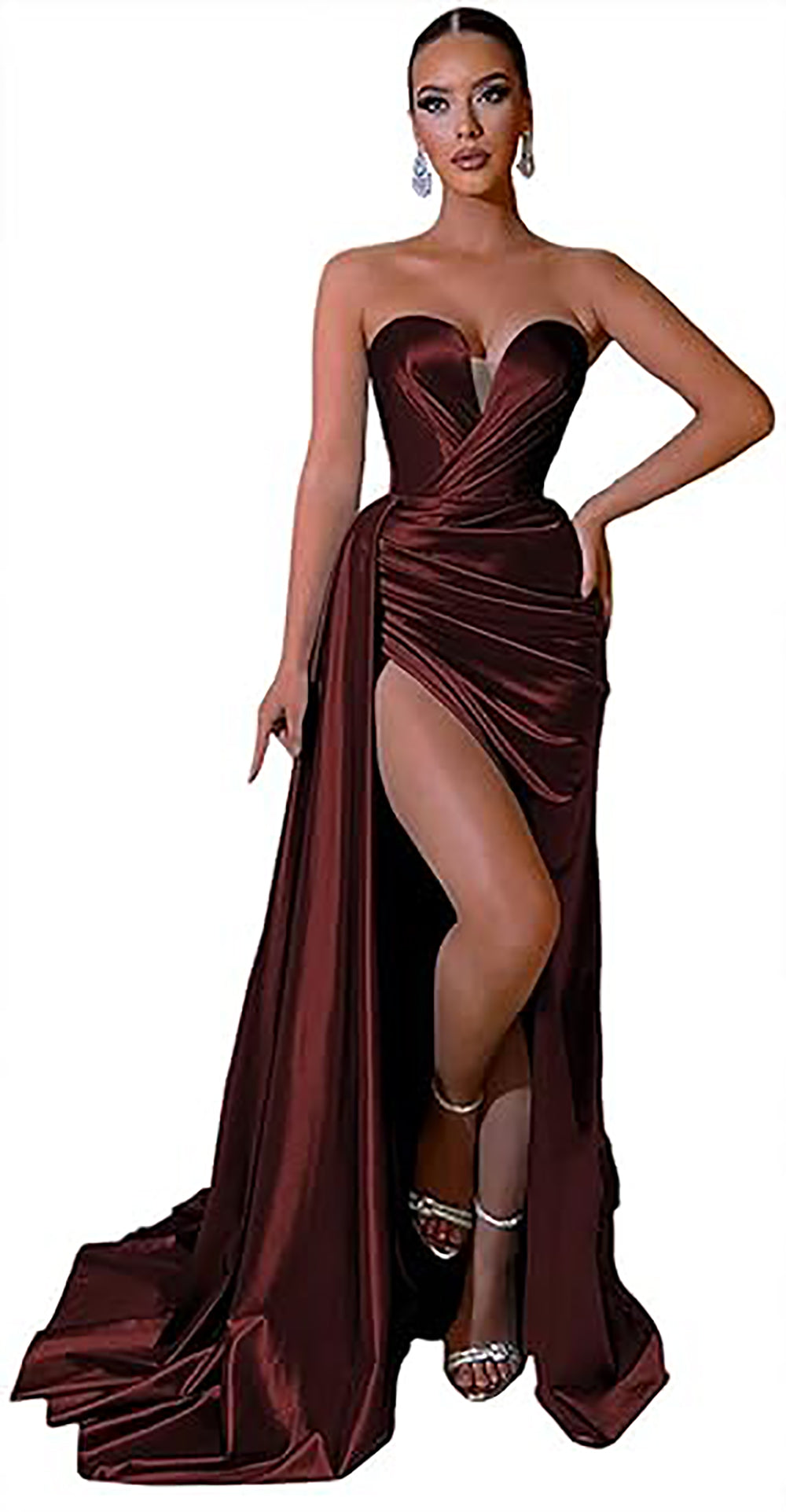 Vestidos de Festa Mermaid com Fenda Vestido Justo Longo de Cetim para Damas de Honra Vestidos Formais de Noite para Mulheres