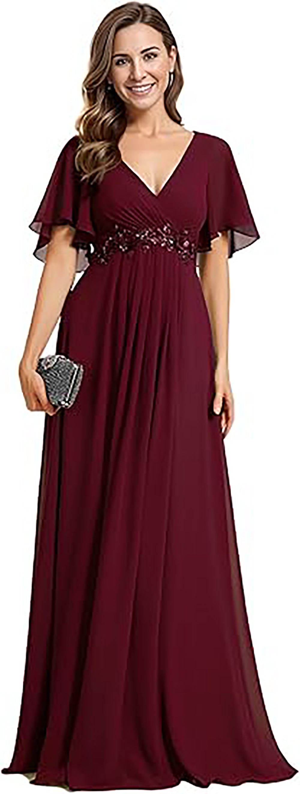 Abito da madre in chiffon con maniche svolazzanti, pizzo, vita decorata con perline, abito formale per festa di matrimonio