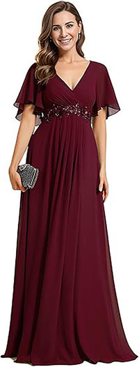 Abito da madre in chiffon con maniche svolazzanti, pizzo, vita decorata con perline, abito formale per festa di matrimonio