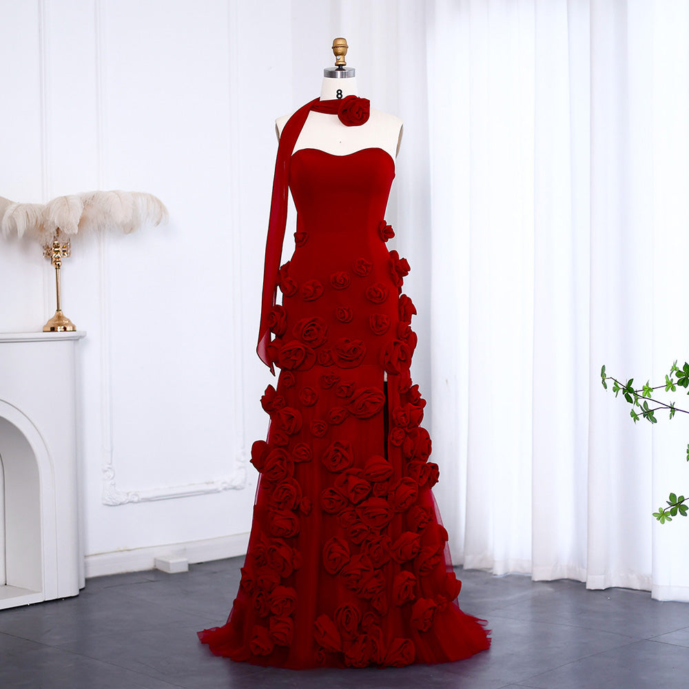 Elegante Abito da Sera con Fiori 3D Rosa 2025 Abito da Sposa Formale Lungo con Spacco Laterale Abito da Festa per Ragazza