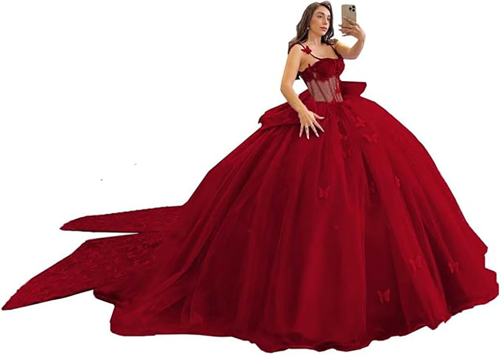 Robes de Quinceanera à bretelles spaghetti avec dentelle papillon et perles Robes de bal en tulle scintillant Robes Sweet 16