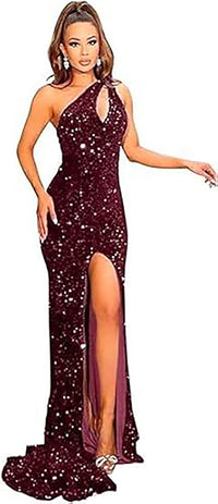 Abiti da sera lunghi da festa con paillettes su una spalla, spacco, glitter, stile sirena formale