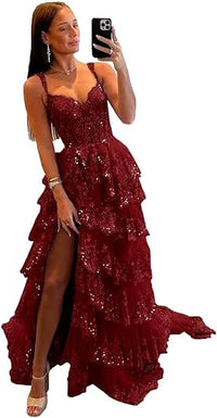 Glitter Tiered Tulle Lace Prom Dresses Long for Teens 2024 Spaghetti Straps Formal Wedding Evening Gowns