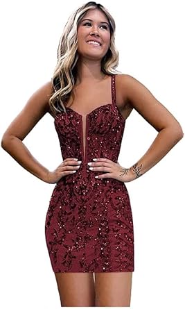 Robe de soirée moulante en dentelle à paillettes pour adolescentes, bretelles spaghetti, col en V, robe de bal courte, mini robe de cocktail