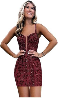 Robe de soirée moulante en dentelle à paillettes pour adolescentes, bretelles spaghetti, col en V, robe de bal courte, mini robe de cocktail