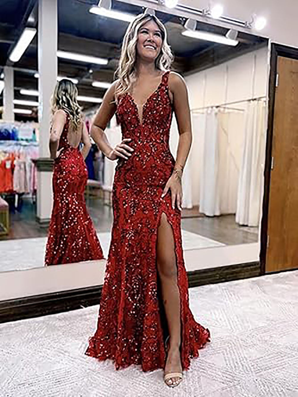 open lace back dress Teens' Mermaid Sequin Prom Dresses Long with Slit Prty Dress V Neck La –  Msikoods Official Store