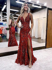 Abiti da sera formali lunghi da ballo con paillettes a sirena per adolescenti, con spacco, scollo a V e pizzo