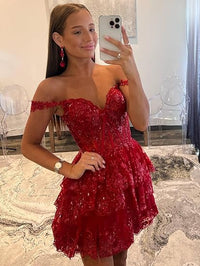 Vestido de Festa de Volta às Aulas com Lantejoulas e Ombros Descobertos, Vestido Curto de Camadas com Folhos, Vestido de Noite com Aplicações de Renda, Vestidos de Baile de Finalistas 2024 Primavera Verão