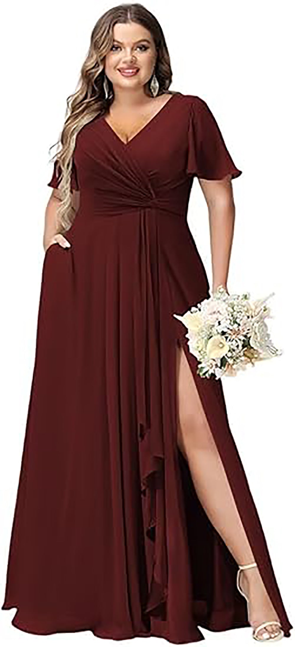 Vestido de Dama de Honra Comprido com Mangas de Folha, Bolsos, Chiffon Franzido, Corte Longo em A, Vestido Formal para Festa com Fenda