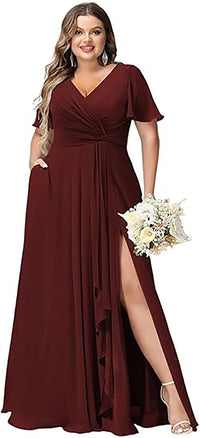 Vestido de Dama de Honra Comprido com Mangas de Folha, Bolsos, Chiffon Franzido, Corte Longo em A, Vestido Formal para Festa com Fenda