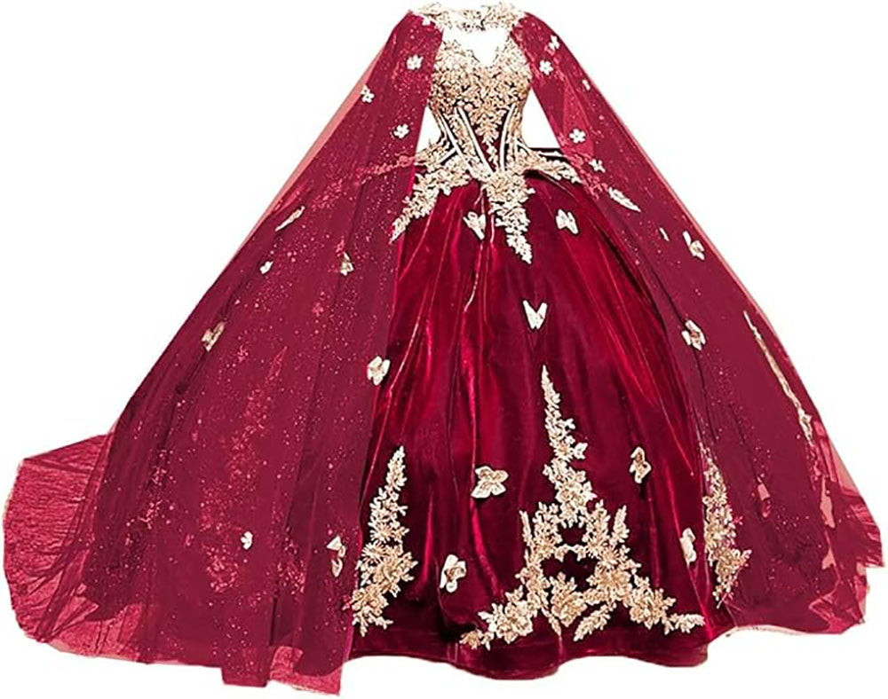 Abiti da Quinceanera Principessa Velvet con Mantello, Applicazioni di Farfalle Dorate Scintillanti, Abiti Sweet 16, Abito da Ballo in Pizzo